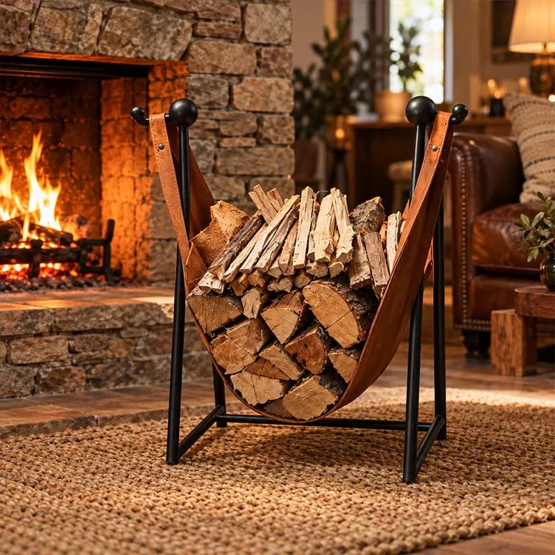 Locally Handcrafted Steel and Leather Log Slings for Your Fireplace
